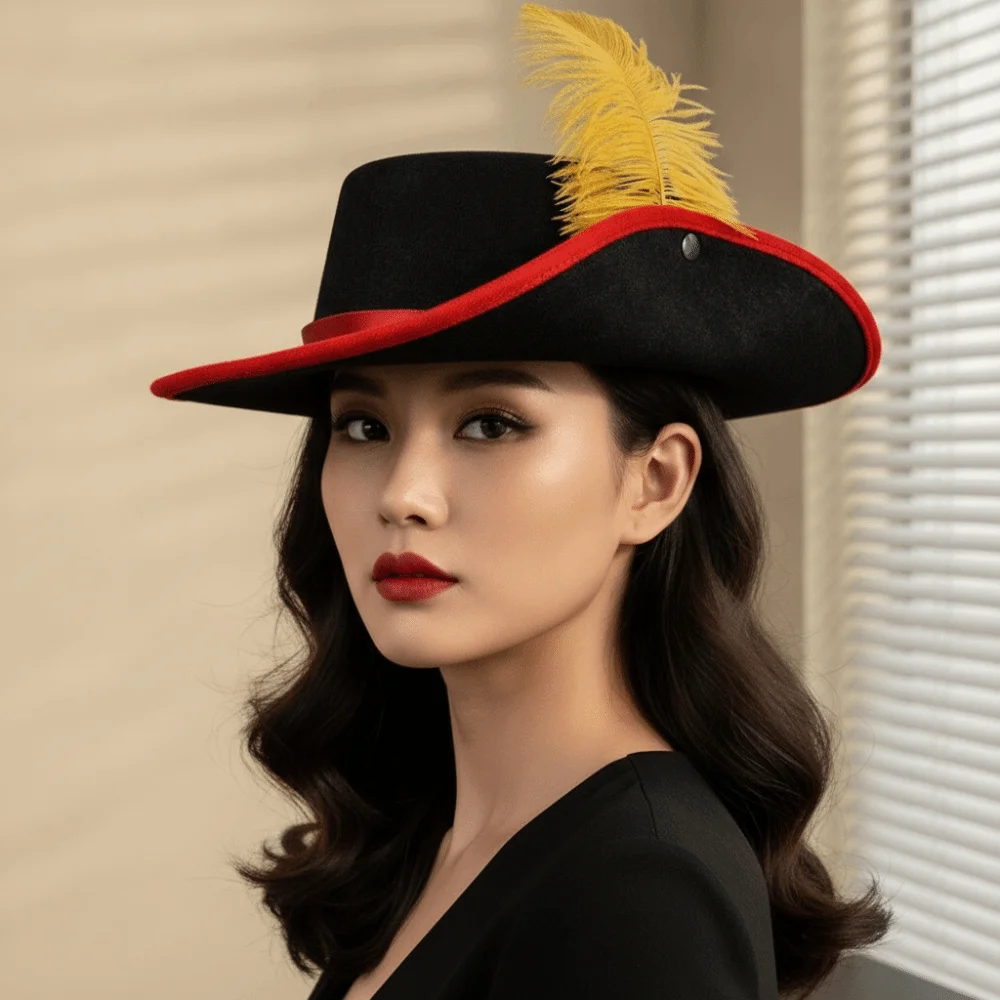 Filz-Cavalier-Zylinder mit künstlichen Federn, flacher Hutkrempe, Bühnenkappe, breiter Krempe, Retro-Stil, Maskerade-Kopfbedeckung, Requisite für Fotostudio – Detail 9