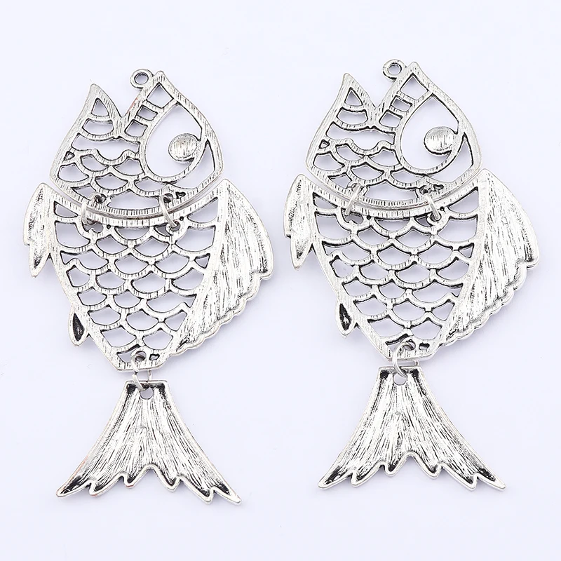 ZXZ 2pcs Tibetan Silver Large Filigree Fish Charms Pendants For Necklace Jewelry Making Findings 97x50mm