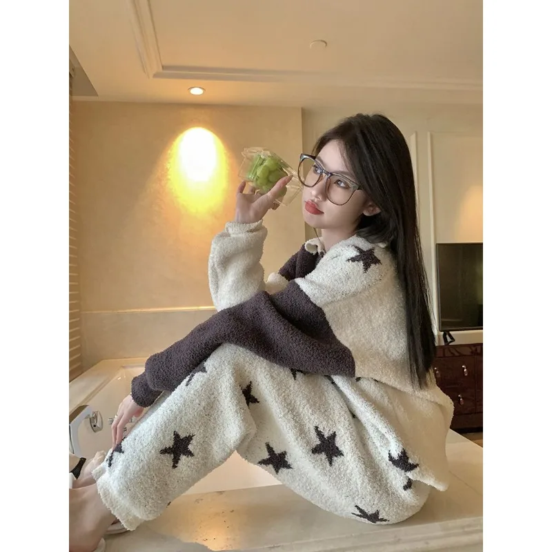 Maiden Star Printing Knit Pajamas Female Winter New Advanced Color Match Thickening Type Half Pile Warm A Loungewear Set Soft