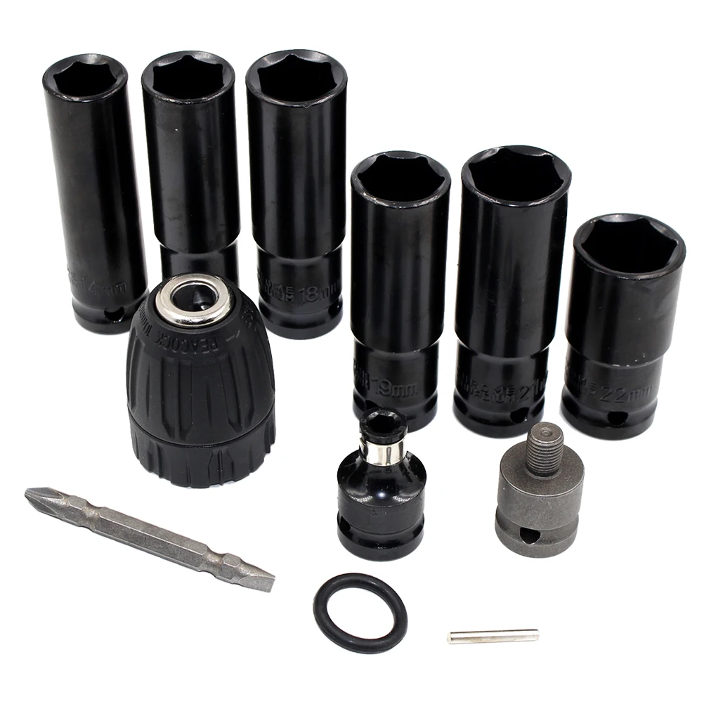 

12 Pieces Electric Wrench Sockets Impact Sleeves Deep Socket Set Chrome Vanadium Steel Home Repair Shop Tools