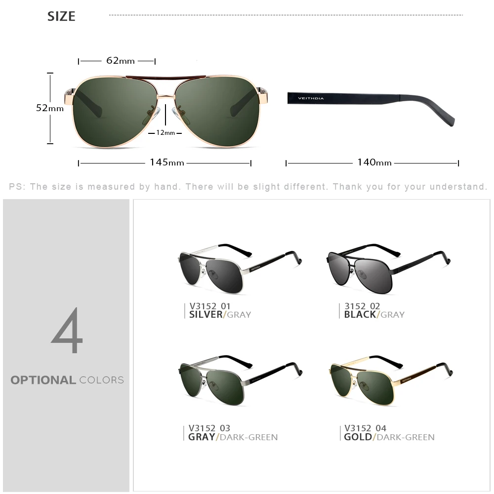 VEITHDIA Sunglasses Pilot Men Brand Designer Polarized UV400 Lens Vintage Fashion Sun Glasses Eyewear Accessories For Male  3152