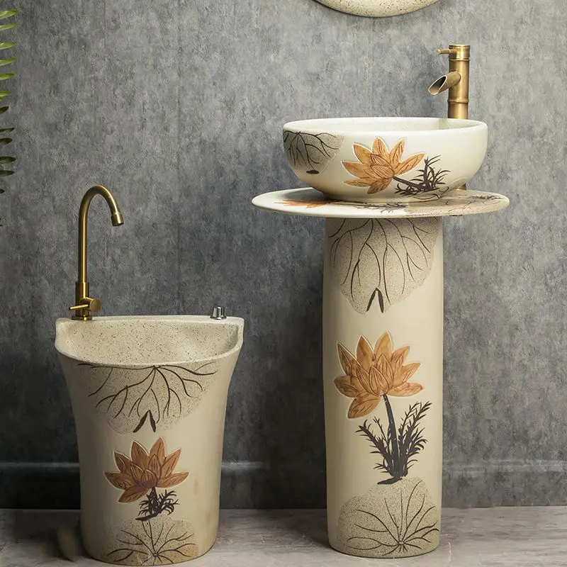 

Outdoor retro courtyard blue and white porcelain pillar washbasin villa garden ceramic integrated washbasin outdoor balcony