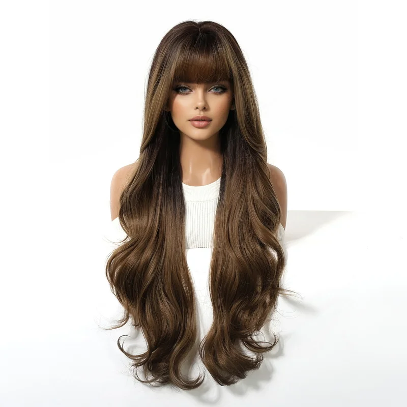 Long Wavy Brown Ombre Synthetic Wig Heat Resistant Fiber Natural Looking Hair for Women Daily Wear Party Cosplay and Everyday Us