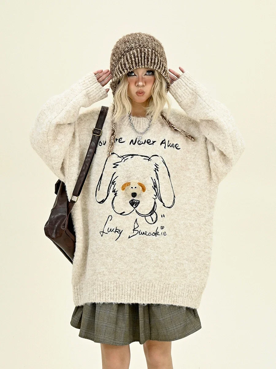 Cute Puppy Crew Neck Sweater for Women, Loose Bf American Lazy High Street Knitting, Winter, New, 2022