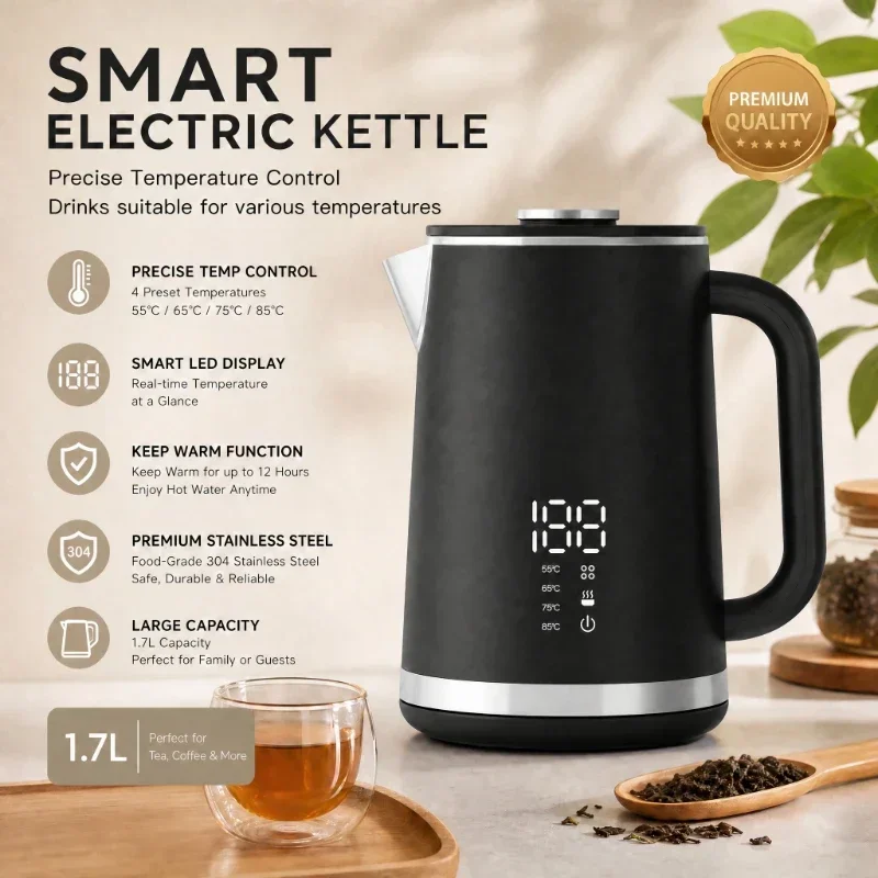 Large Capacity Hot Water Kettle Fast Heating Double Layer Anti Scald Temp Control Digital Display Thermostatic Electric Kettle