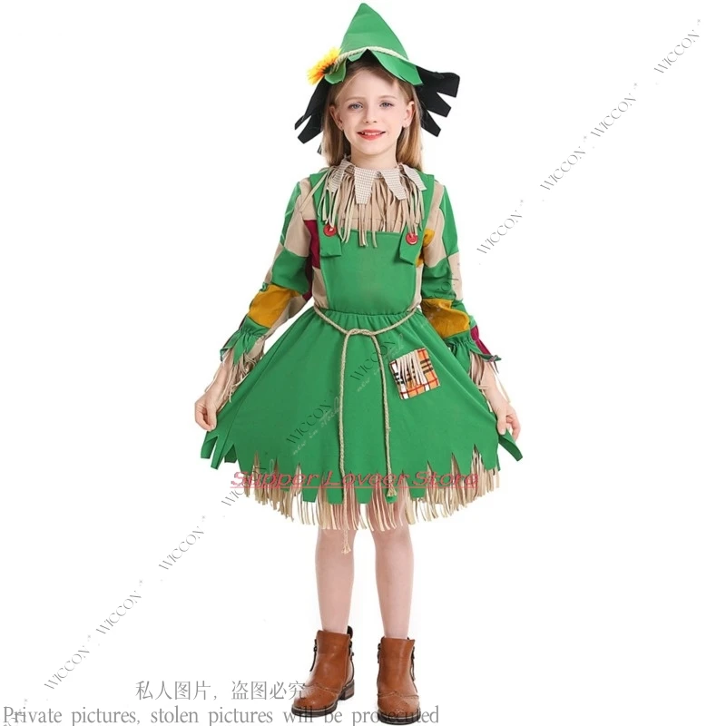 Costume per bambini di Halloween vestito da burattino per due ragazze finto verde con toppa floreale Costume di paglia Cosplay Halloween Party Set