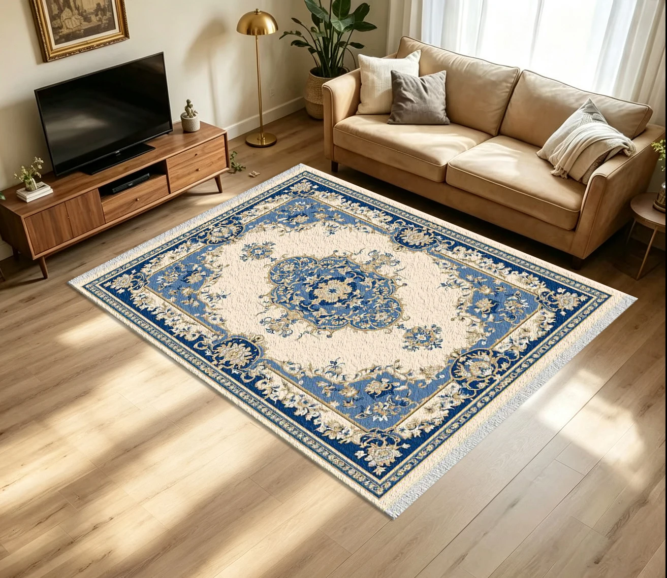 Classic Blue Beige Medallion Carpet Flooring European Baroque Floral Scroll Ornate Border Vintage Art Pattern Printed Floor Rug for Household Indoor Living Room Home Decoration