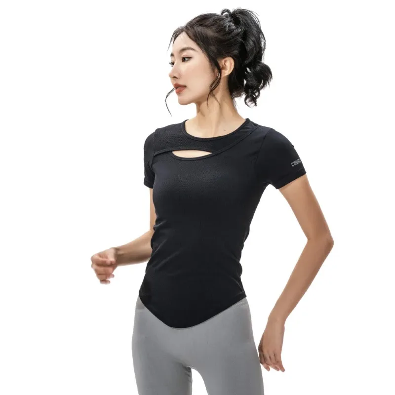 Women Hollow Out Layered Short Sleeve T Shirt Stretch Quick Dry Slim Yoga Running Sports Top