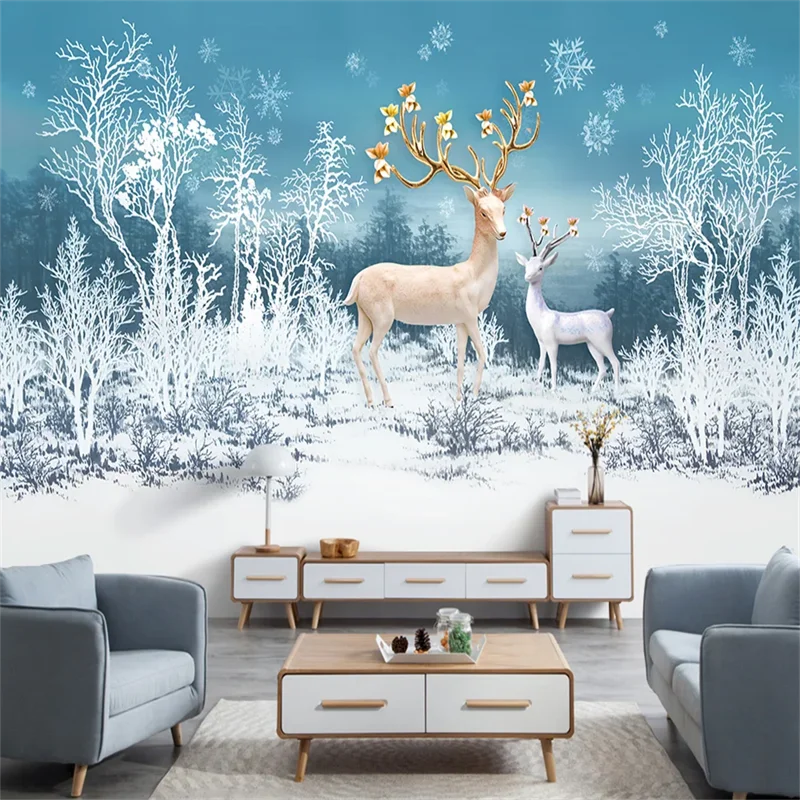 

wellyu Custom 3d wallpaper modern minimalist small fresh dream deer forest snow scene wallpaper living room bedroom background