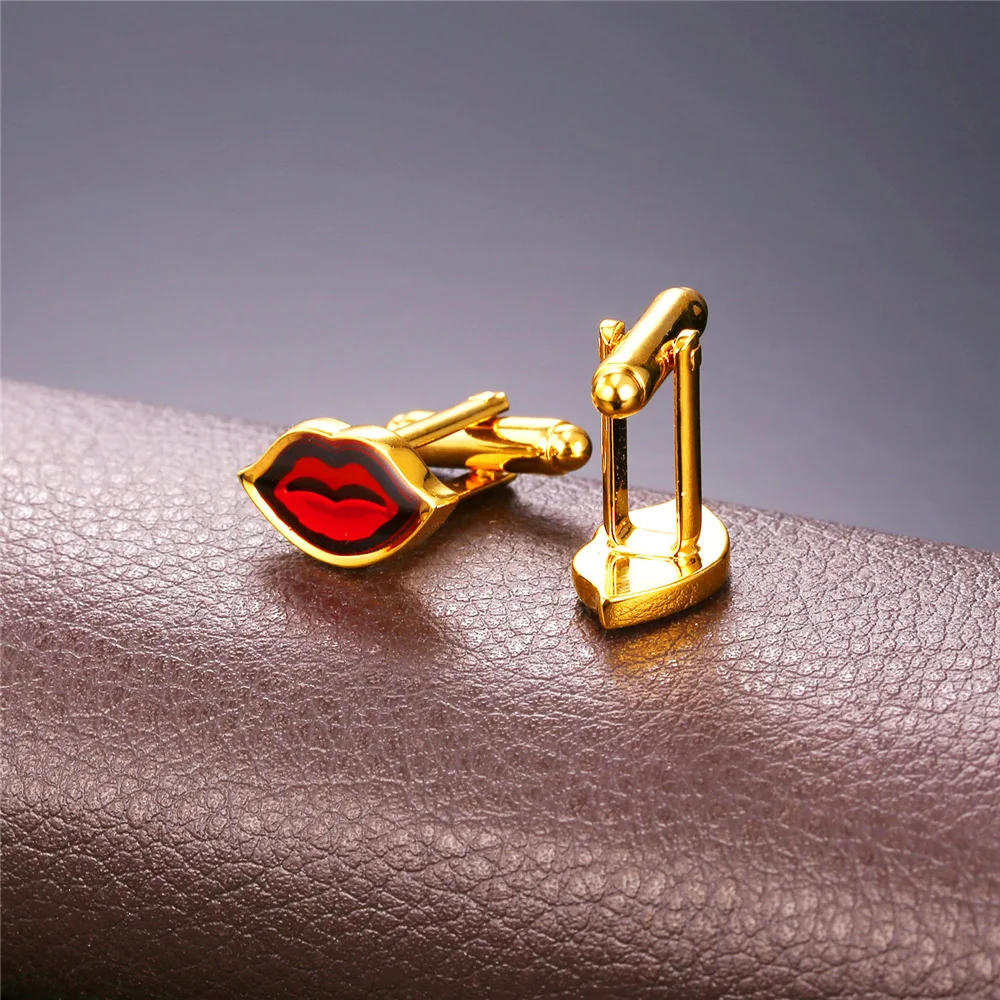 أزرار أكمام شفاه حمراء من الفولاذ المقاوم للصدأ باللون الذهبي للرجال والنساء أزرار أكمام أنيقة هدية مجوهرات للجنسين #5