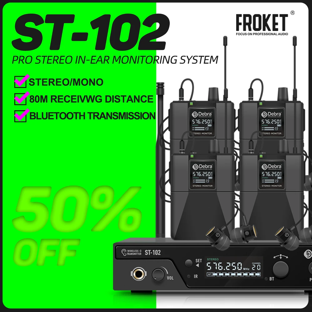 

Debra ST-102 Wireless In-Ear Monitor System UHF IEM Stereo with Bluetooth 5.0 UHF for Distance 80-300m For Stage Performance