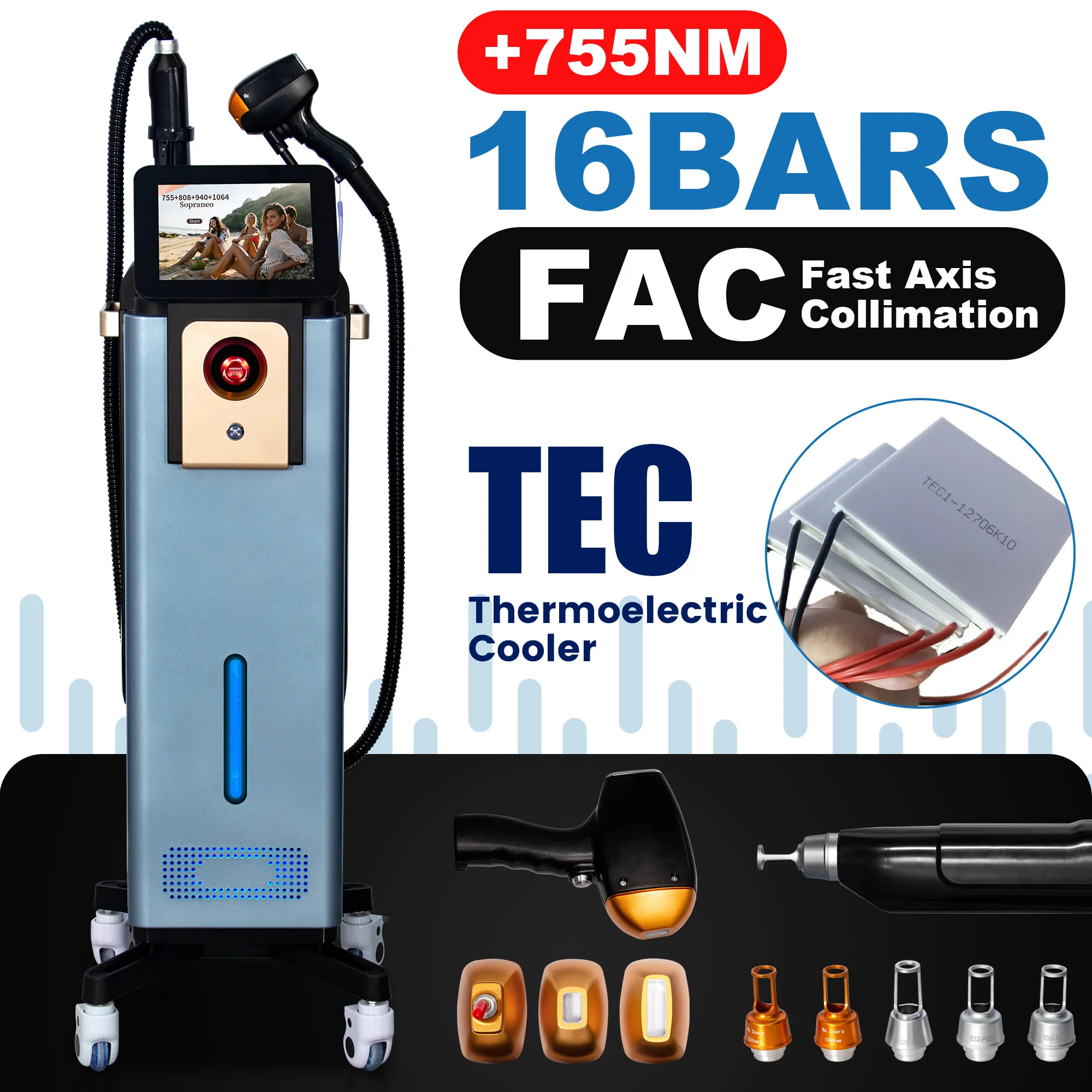 808 Diode Laser Hair Removal Machine High Energy 16Bars 3 Magnetic Heads Picosecond Laser Tattoo Remover Long Service Life Salon