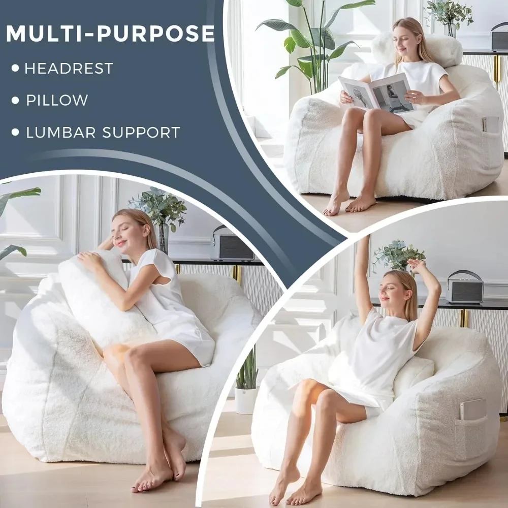 Giant Bean Bag Chair with Pillow, Boucle Bean Bag Sofa for Adults,Large Upholstered Bean Bag Couch Lazy Sofa with Filler