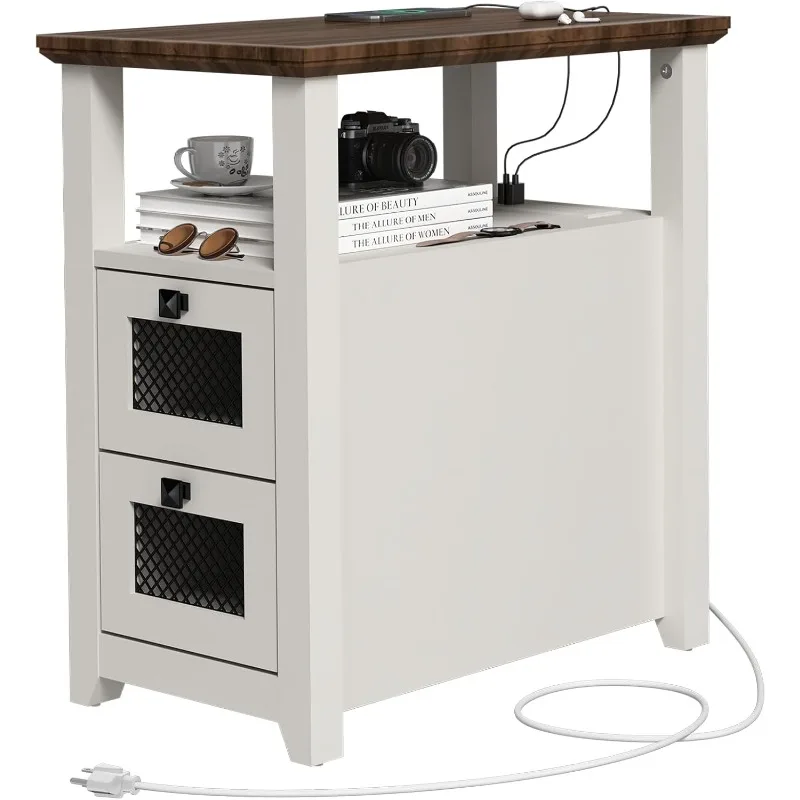 Side table with charging station, narrow side table with USB port and socket, bedside table with 2 drawer storage