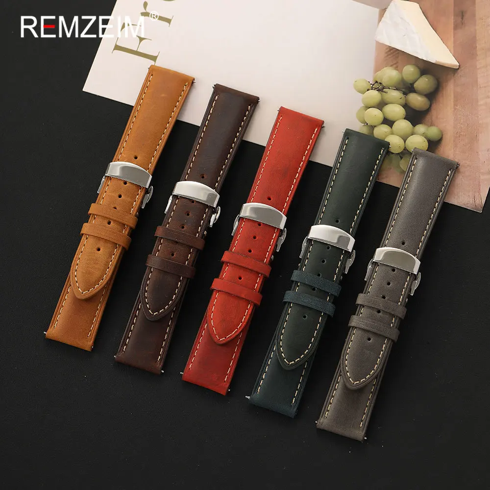 Klassisches Herren-Uhrenarmband aus Crazy Horse Leder mit Schnellverschluss-Stiften Sicherer Schmetterlingsverschluss 18mm/20mm/22mm Langlebiger Riemen