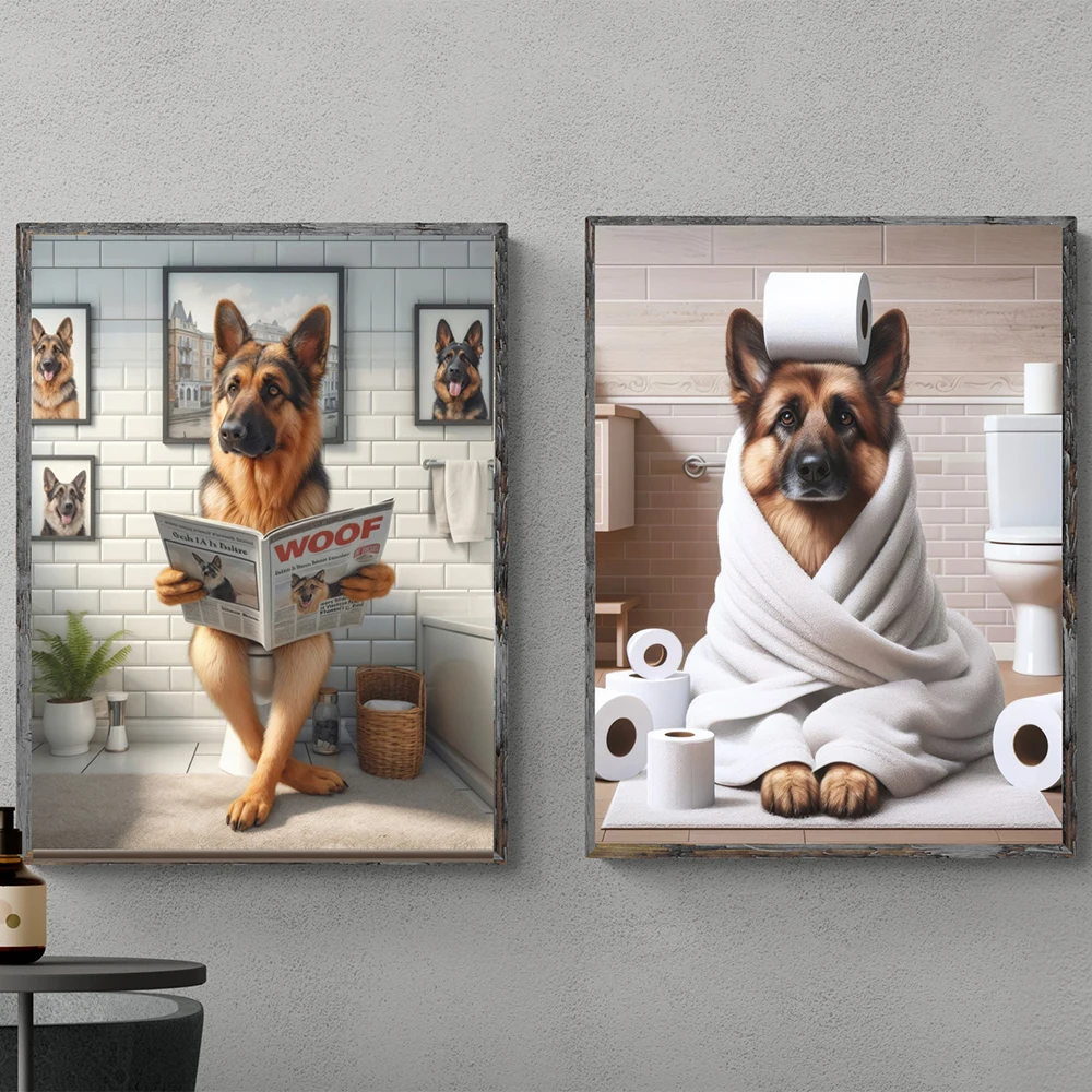 

German Shepherd Bathroom Humor Wall Art Print Funny Dog In Toilet Print Whimsical Dog Mom Animal Picture for Toilet Decoration