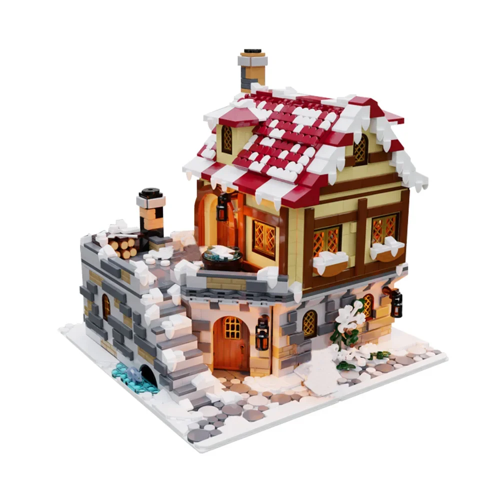 

Gobricks MOC The Tavern Under the Snow Bricks Model Street View Christmas Snow Knights Castle Building Blocks Toys Gift