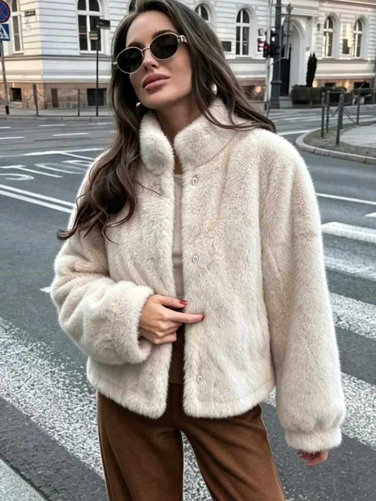 AACHOAE Women Faux Fur Jacket Winter Coat Stand Collar Long Sleeve Snap Button Warm Loose Casual Elegant Outerwear