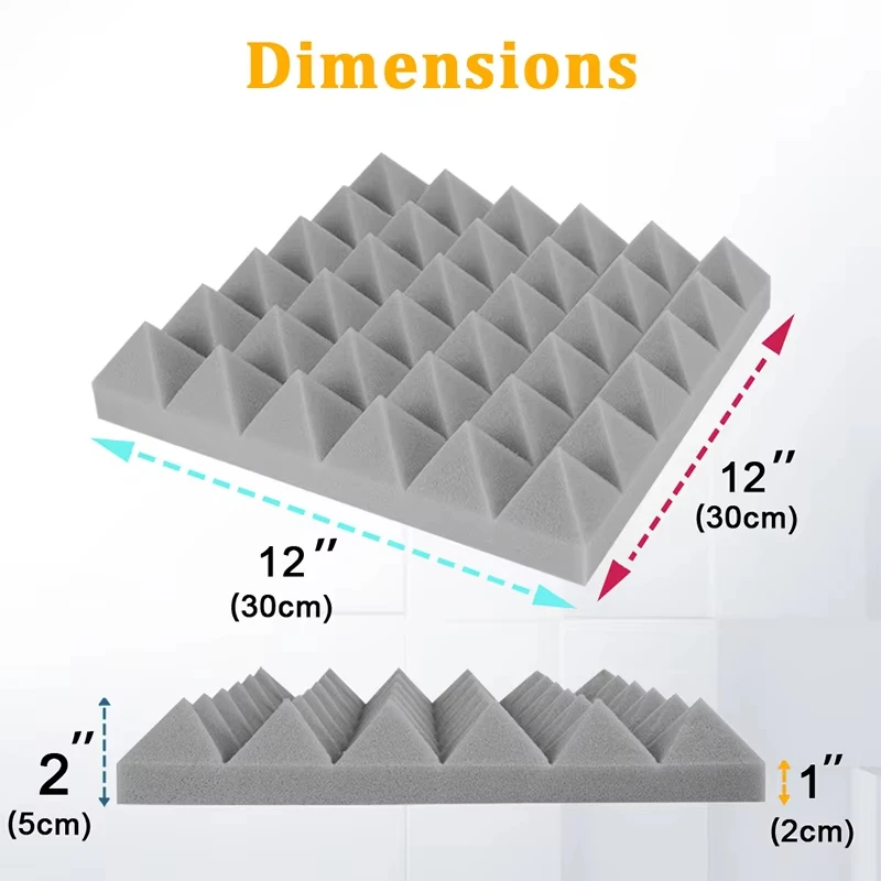 12 упаковок звукоізоляційних пінопластових панелей Pyramid із самоклеючими, 12 x 12 x 2 дюймів акустичних пінопластових панелей високої щільності,