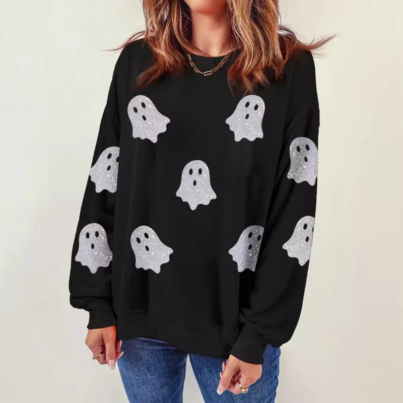 

New Women's Halloween Flash Ghost Top Black Purple Round Neck Print Loose Casual Couple Style Hoodless Sweatshirt Holiday Gifts