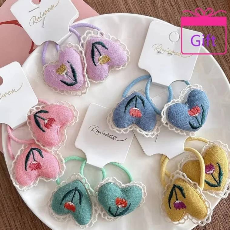 Kids Hair Ties Winter Fabric Handmade Embroidered Heart Elastic Ponytail Holders Non Slip Bun Set 2Pcs