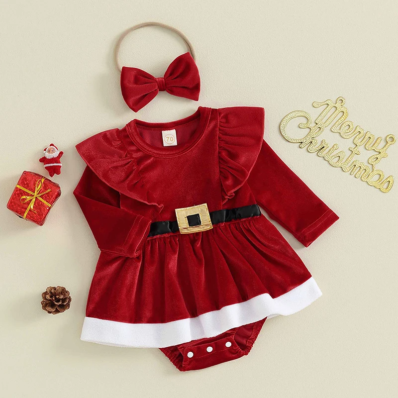 

Suefunskry Baby Girls Newest Christmas Outfits Ruffled Long Sleeve Romper Dress with Belt Decora + Headband Set Santa Costume