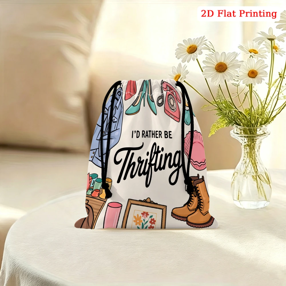 1pc Retro Style Drawstring Bag White Vintage Thrifting Print Storage Small Pouch For Travel Cosmetics Organization Women Portabl