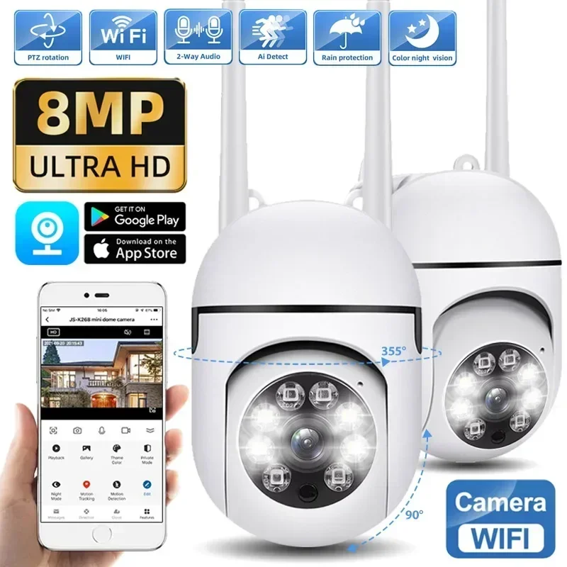 

8MP Wifi Surveillance Camera Outdoor Wireless Security PTZ Camera 4X Digital Zoom Human Tracking Two-way Audio Night Color CCTV