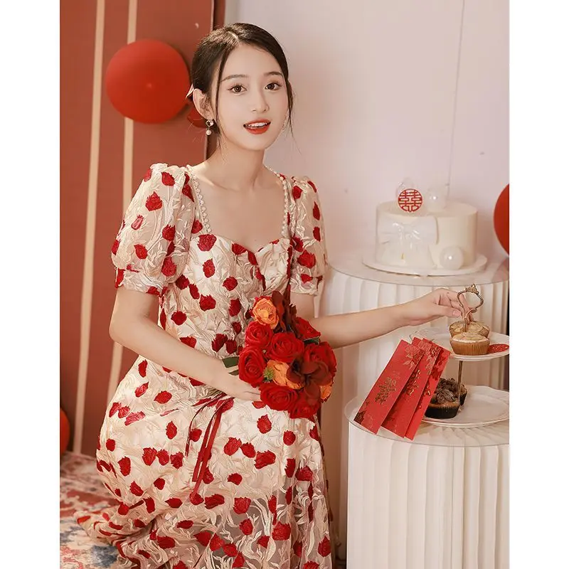 Hạt Cườm Sexy Cổ Vuông Phối Tay Phồng Embrodiery Voan Lót Dạ Hội Nữ Chính Thức Bầu Áo Dây De Soiree Sườn Xám