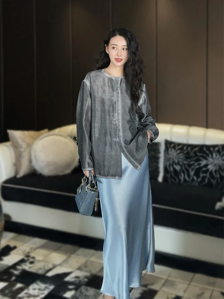 

Ретро-художественная блузка из окрашенного шелка, двухслойный шелковый шифон, женская, универсальная, в новом китайском стиле, весна-лето J508