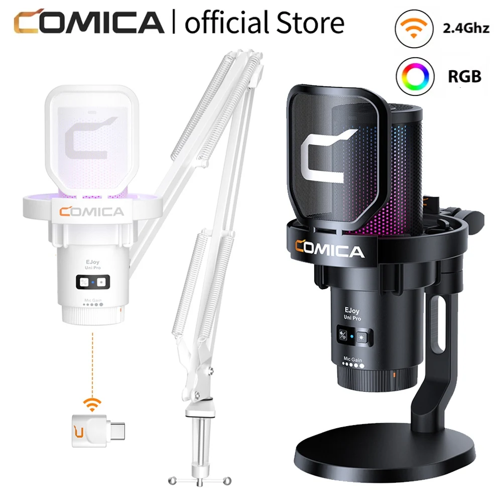 COMICA Uni Pro Microphone de jeu USB sans fil pour PC portable Smartphone suppression du bruit micro à condensateur avec lumières rvb