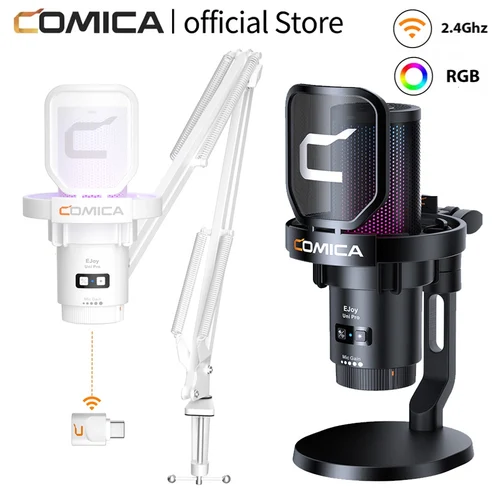 COMICA Uni Pro Micrófono inalámbrico USB para juegos para PC, portátil, teléfono inteligente, cancelación de ruido, micrófono condensador con luces RGB