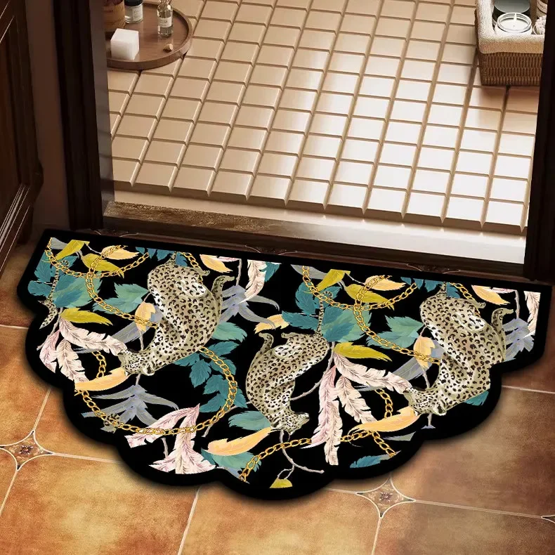 VIKAMA Vintage Leopard Floral Wavy Doormat Non Slip Washable Floor Rug Luxury Animal Print Entryway Indoor Home Decor Carpet Rug