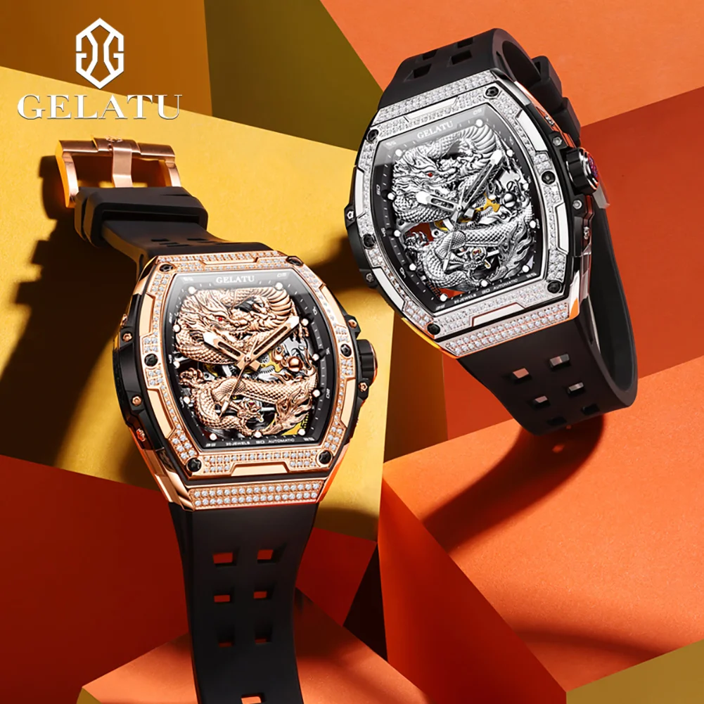 GELATU 6021 Tonneau Dragon Watches for Men Silicone Strap Diamond Inlaid Luxury Brand Original Automatic Mechanical Wristwatches
