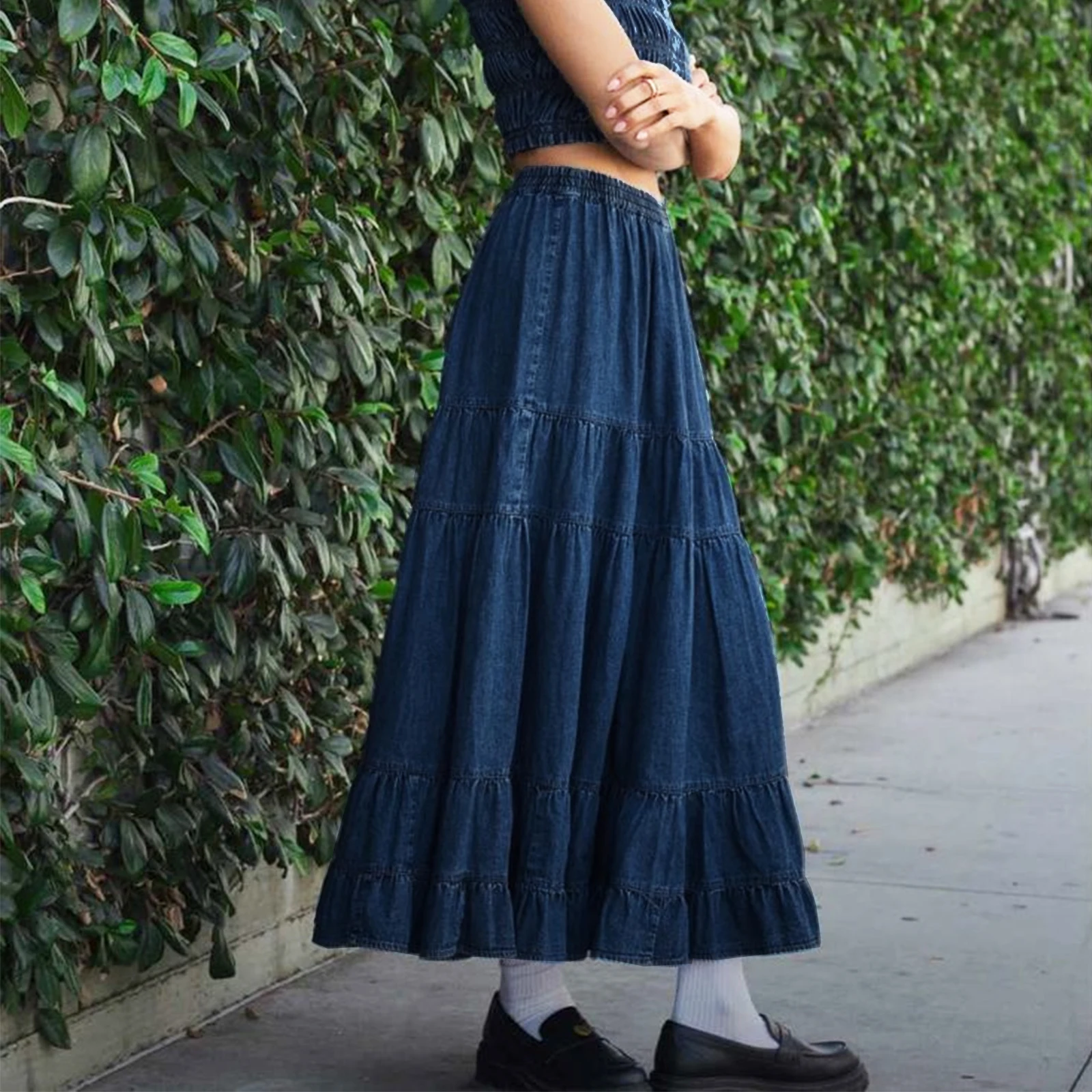 

New Fashion Women Denim Long Tiered Skirt Loose Solid Elastic Waist A-Line Casual Ruffle Jean Skirt Summer Streetwear Hot Sale