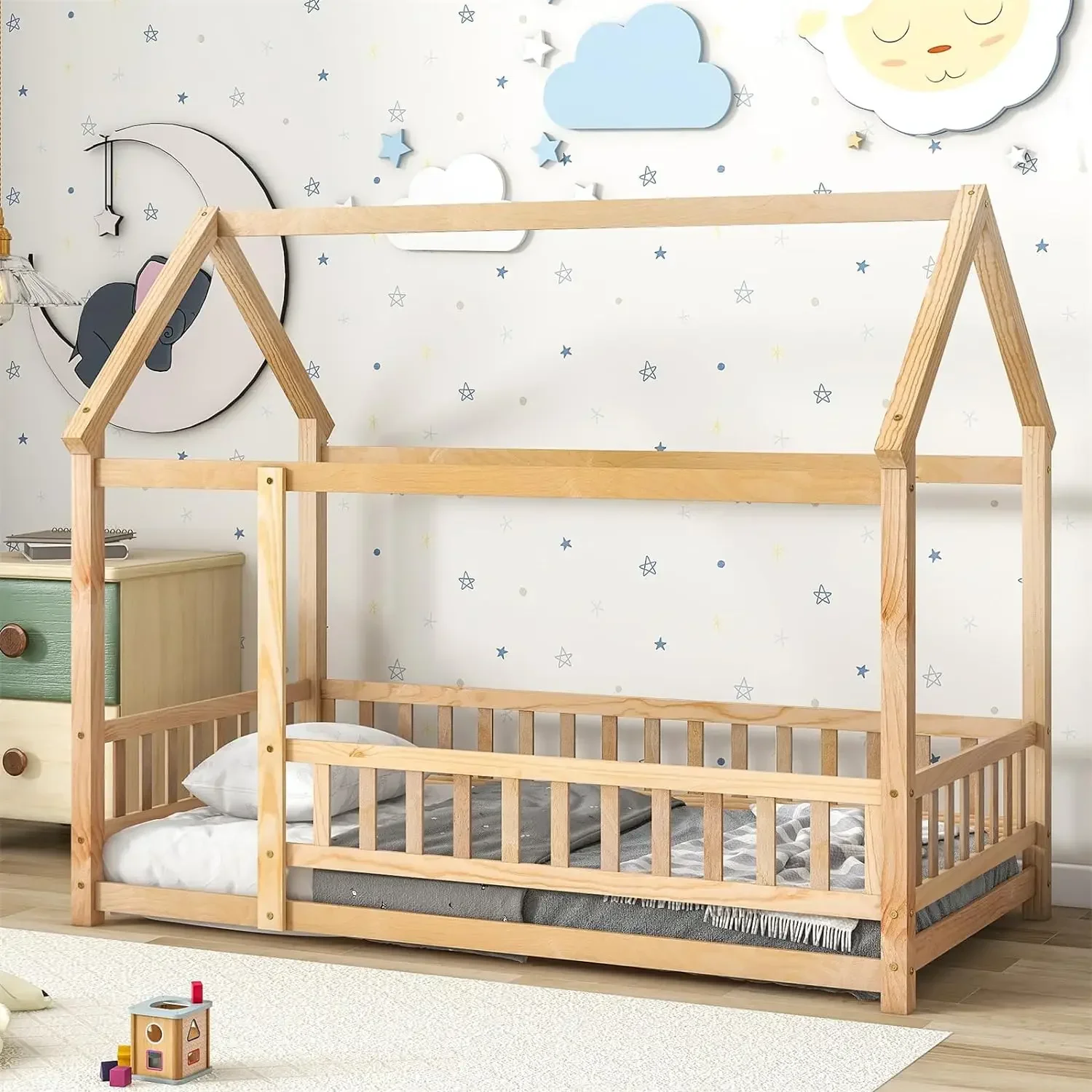 Twin Montessori Bed Frame, Wooden House Bed with Fence and Roof, Floor Bed for Boys Girls Bedroom, Natural