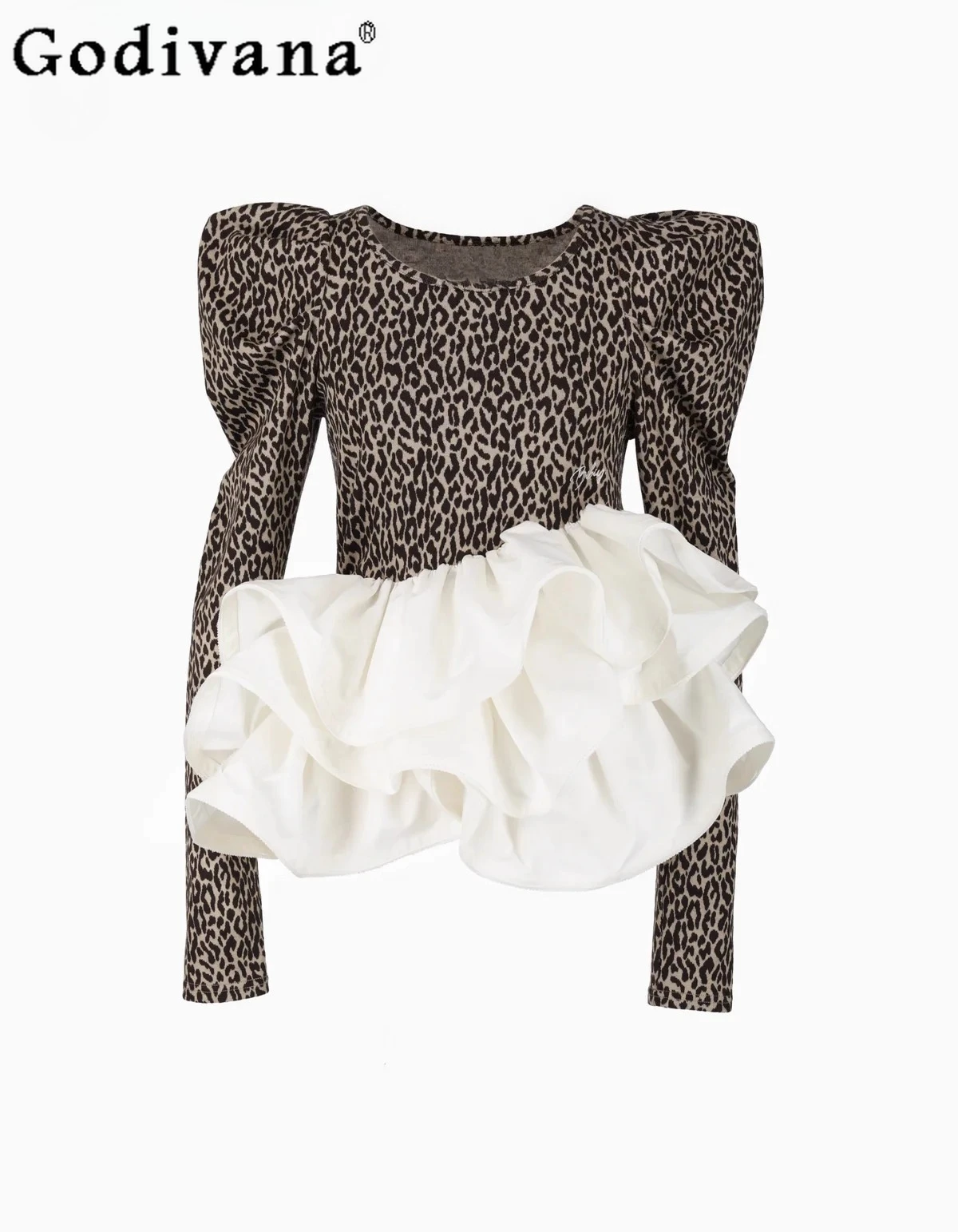

Leopard Print Tops Spring 2025 Autumn Japanese Style Sweet Fashion Women's Long Sleeve Top Girl's Ruffle Patchwork Bud T-Shirts