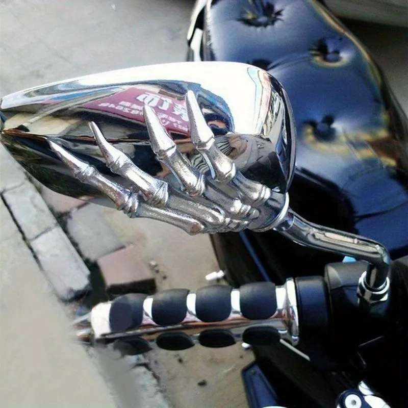 2Pcs (Left & Right) Universal Bicycle Rear Mirror Chrome Motorbike Skeleton Skull Hand Claw Rearview Scooter Mirror