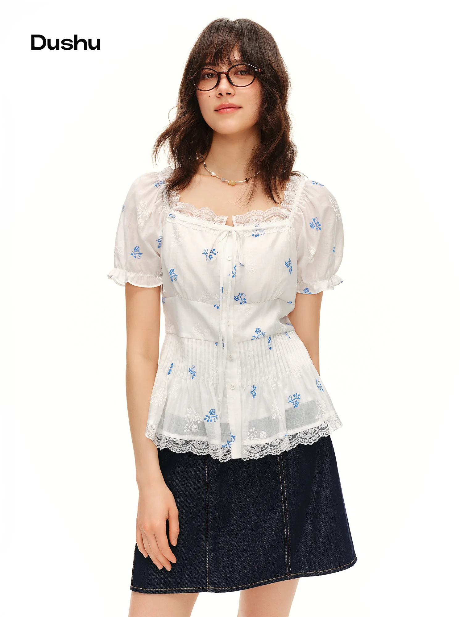 

DUSHU Women's 2026 Summer New Blue Floral Square Neck Waist Blouse | Square Neck Puff Sleeve Top Available in Multiple Sizes