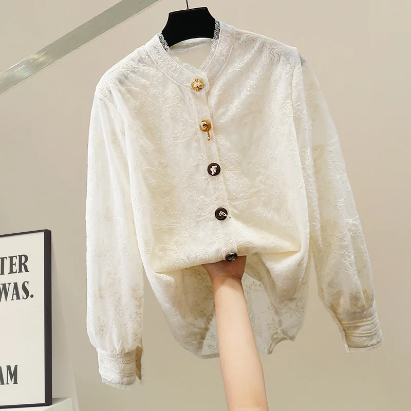 

Модная китайская женская блузка с длинным рукавом, кружевом, тяжелой вышивкой, воротником-стойкой и пуговицами, высококачественный трендовый топ