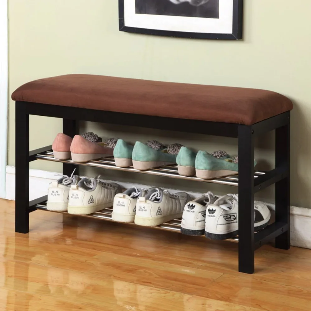 Roundhill Furniture Wood Shoe Bench In Dark Espresso