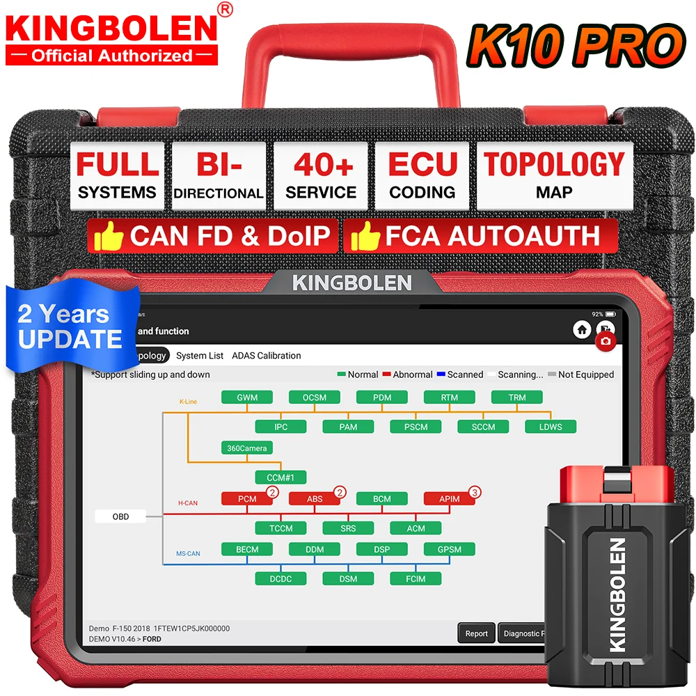 KINGBOLEN K10 PRO Carte topologique Codage ECU avancé en ligne 40 réinitialisations CANFD DOIP Test actif Outil de diagnostic automobile français Guide des fonctions ADAS TPMS FCA