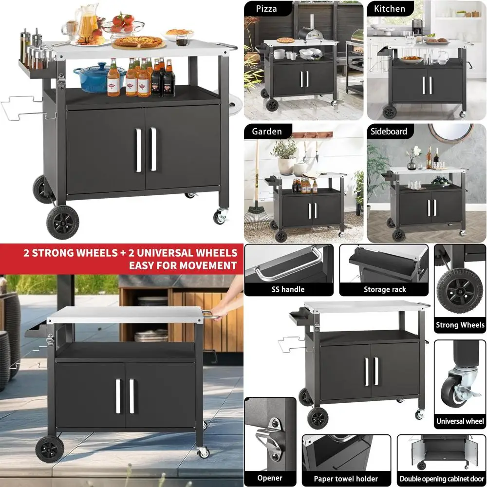 

Портативная уличная кухонная тележка с большим шкафом для хранения и поверхностью из нержавеющей стали для печи для пиццы и обеденной зоны