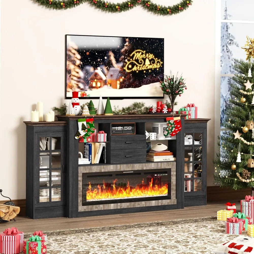 85 Electric Fireplace with Mantel, Fireplace TV Stand w/42 Electric Fireplace for 65 Inch TV with Power Outlets, Farmhouse Enter