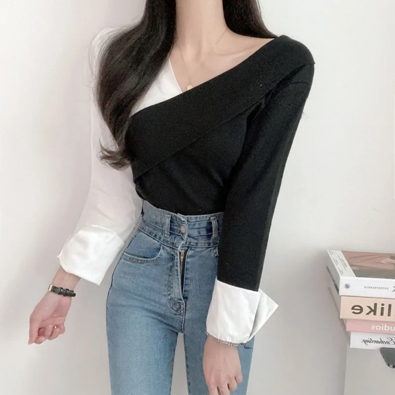 Women Blouse Panelled Vintage Temper Irregular Tops Casual Office Lady Ulzzang Fashion Spring Blusas De Mujer Daily Classic Chic