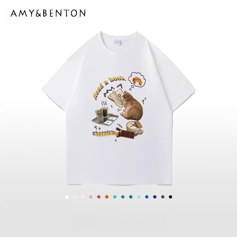 

Новая летняя женская футболка в американском уличном стиле с принтом милых кошек и надписями, белая, розовая, синяя, черная, серая, повседневная, с круглым вырезом, с коротким рукавом