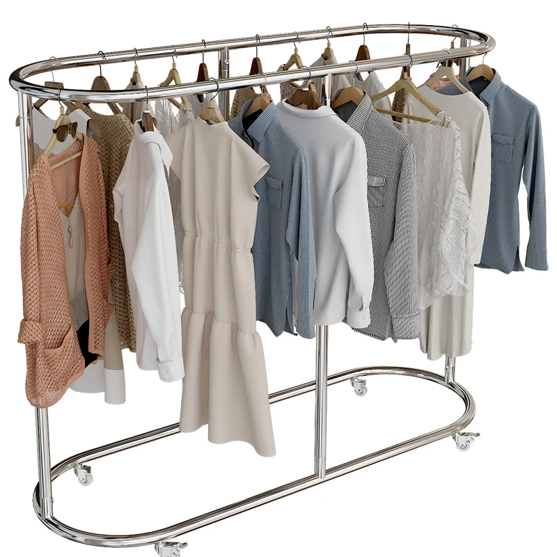 

Clothing store display rack Stainless steel hanger Oval middle island rack Women's clothing children's clothing rack Floor