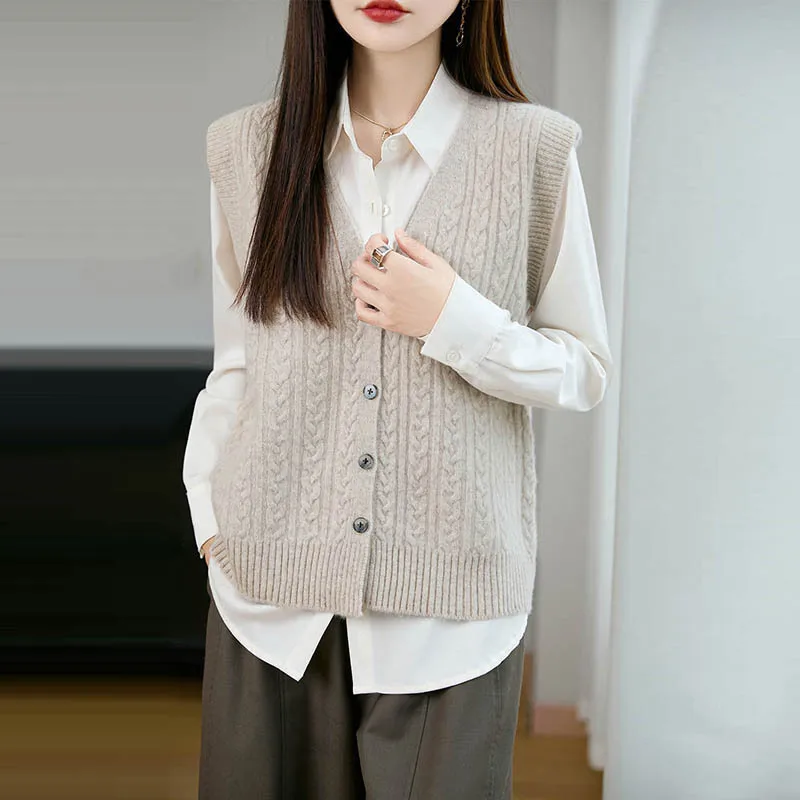 

Wool Vest Women, Spring And Autumn Thickened Knitted Vest, Loose Cardigan Sweater, Outerwear Vest