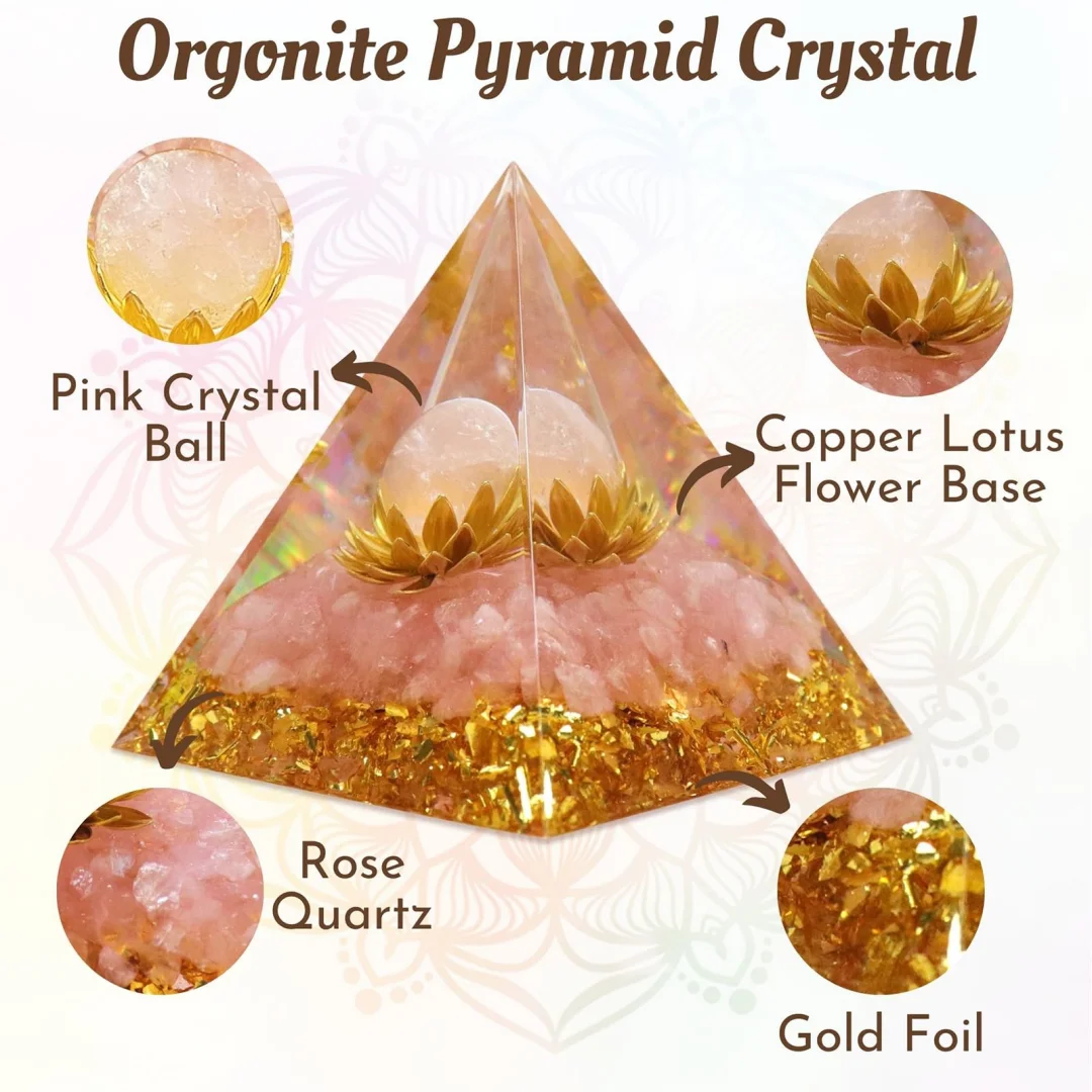 1 Stück Orgonit-Pyramid, klare Kristall-Lotus-Symbol-Orgon-Pyramide, handgefertigte Ornamente für den Heim-Desktop, Orgon-Pyramide aus Rosenquarz – Detail 4