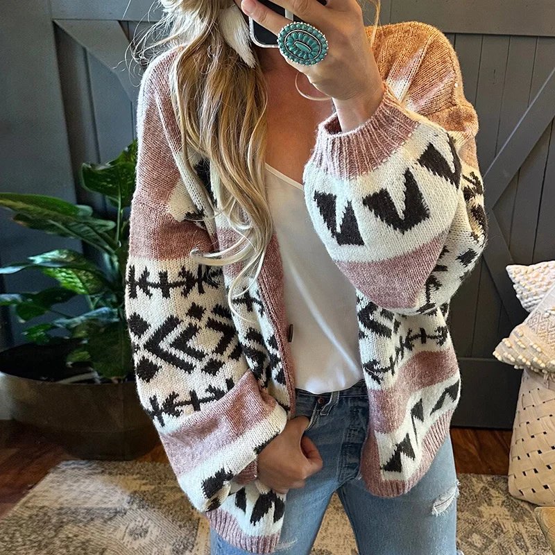 2025 우아한 V넥 루즈핏 니트 가디건 패션 자카드 배색 아우터 캐주얼 긴팔 스웨터 코트 (여성용)